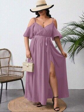 Cold-Shoulder Maxi Dress with Waist Tie